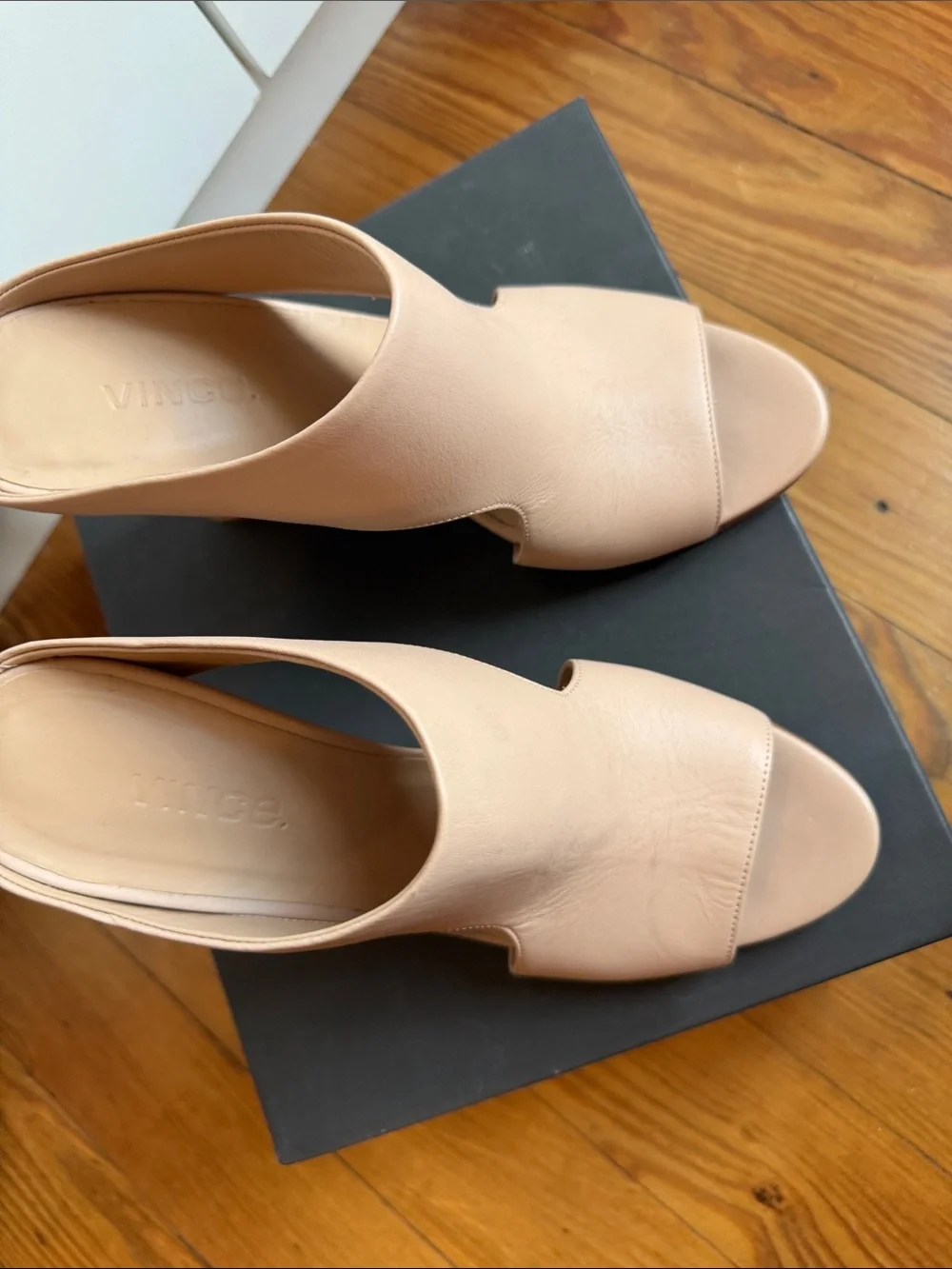 Vince Blush Tan Leather Open-Toe Wedge Mules
